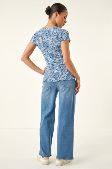 Roman Blue Petite Abstract Twist Front Stretch Top