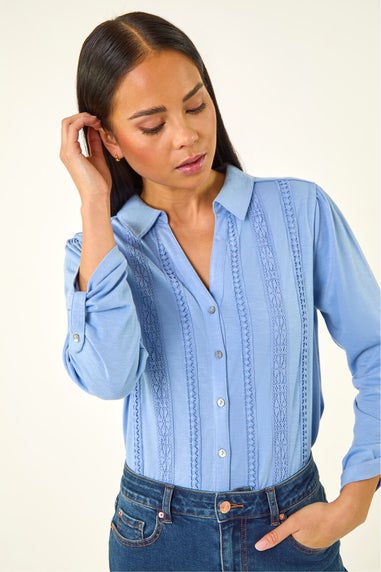 Roman Blue Petite Cotton Lace Trim Blouse