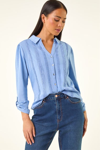 Roman Blue Petite Cotton Lace Trim Blouse