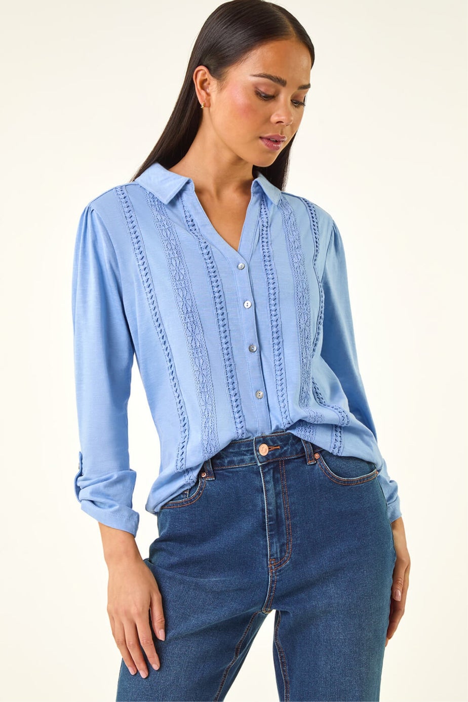 Roman Blue Petite Cotton Lace Trim Blouse