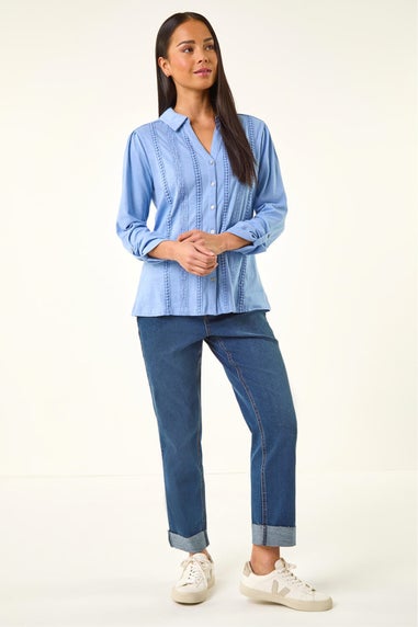 Roman Blue Petite Cotton Lace Trim Blouse