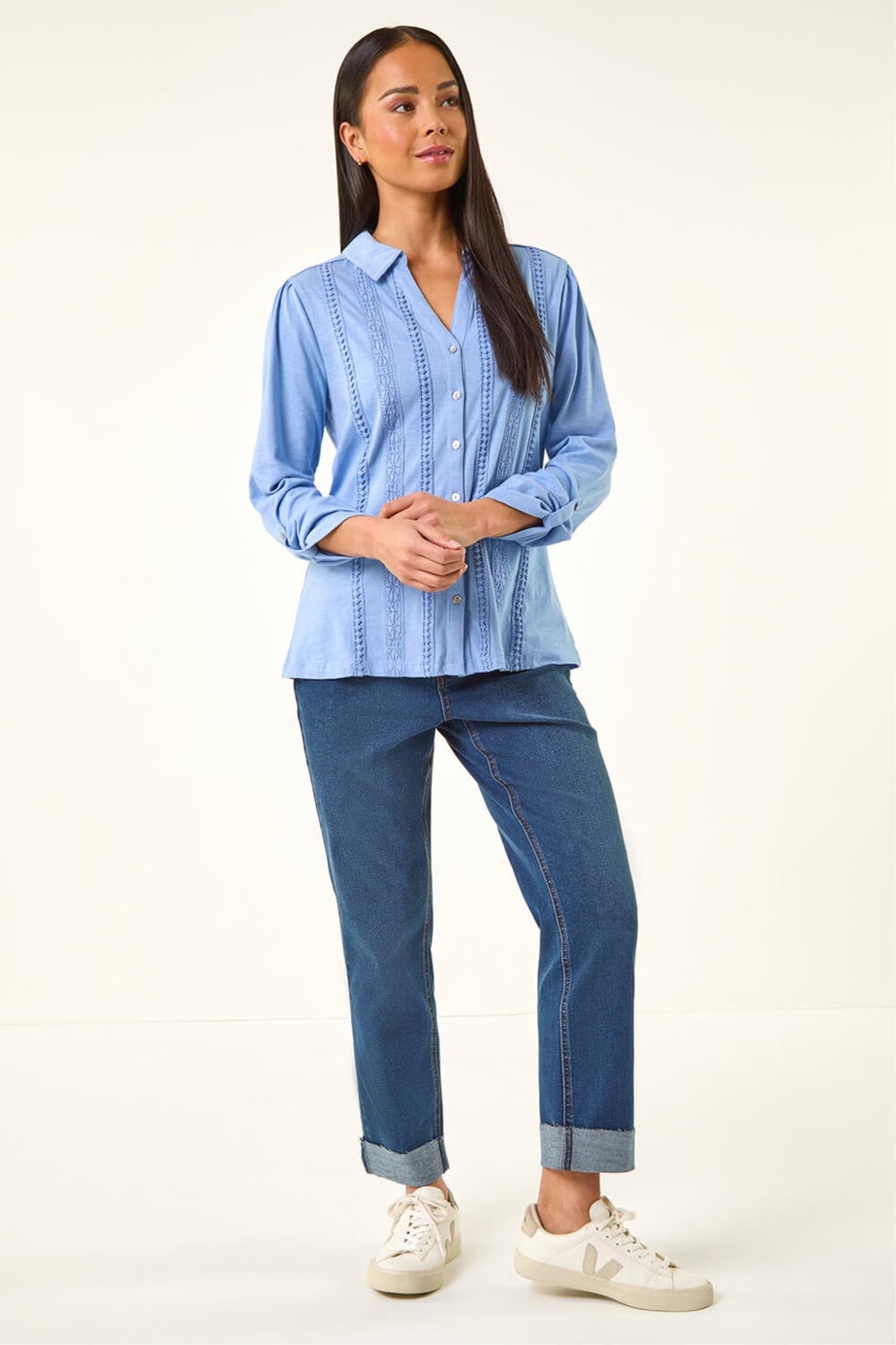 Roman Blue Petite Cotton Lace Trim Blouse