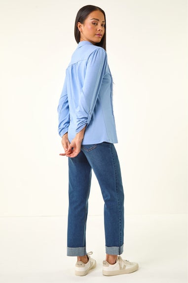 Roman Blue Petite Cotton Lace Trim Blouse