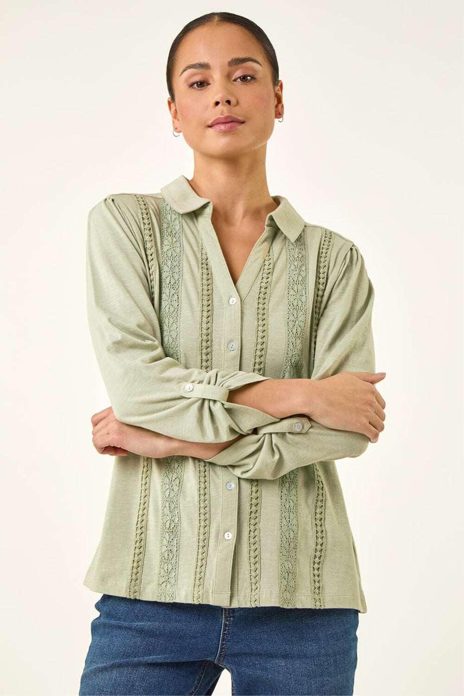 Roman Sage Petite Cotton Lace Trim Blouse