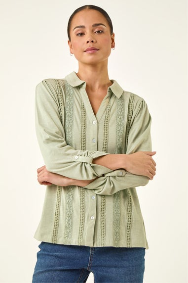 Roman Sage Petite Cotton Lace Trim Blouse