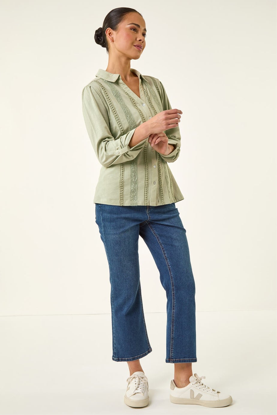 Roman Sage Petite Cotton Lace Trim Blouse