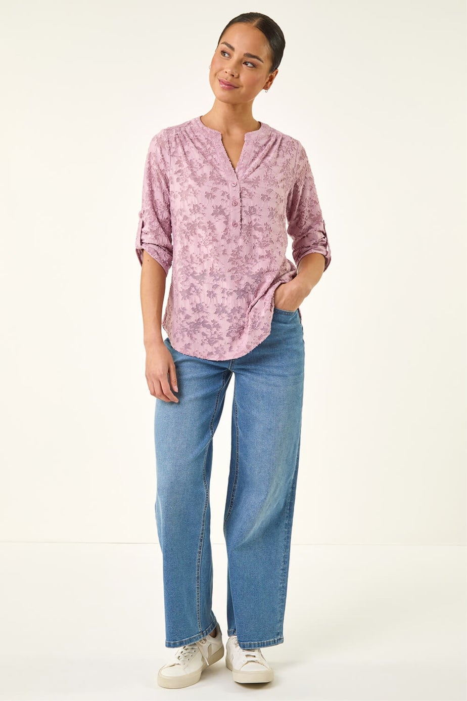 Roman Pink Petite Burnout Print Button Shirt
