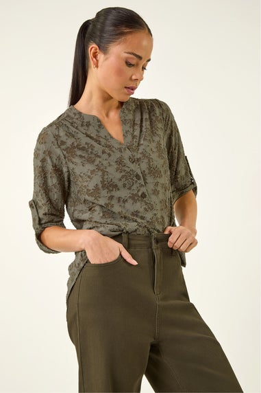 Roman Khaki Petite Burnout Print Button Shirt