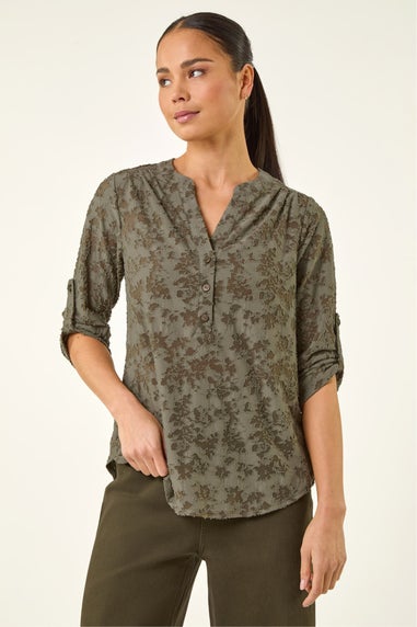 Roman Khaki Petite Burnout Print Button Shirt
