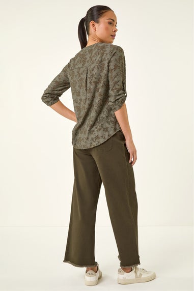 Roman Khaki Petite Burnout Print Button Shirt