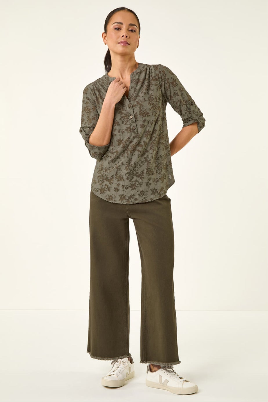 Roman Khaki Petite Burnout Print Button Shirt