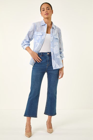 Roman Blue Petite Floral Jacquard Buttoned Blouse