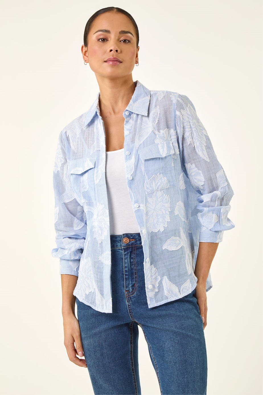 Roman Blue Petite Floral Jacquard Buttoned Blouse