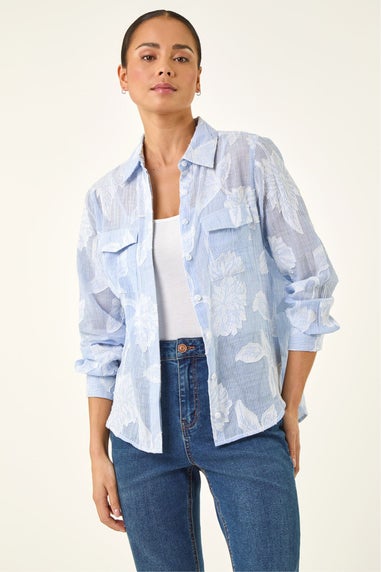 Roman Blue Petite Floral Jacquard Buttoned Blouse