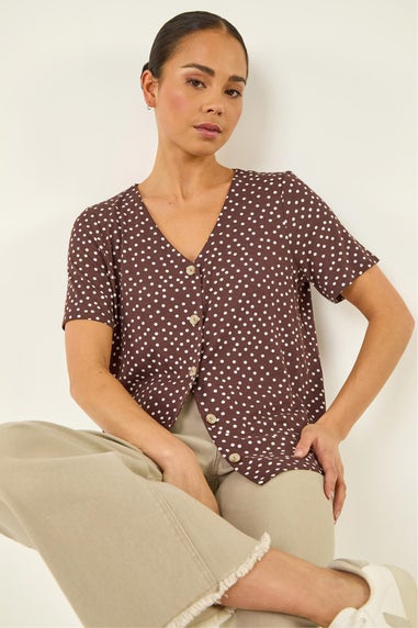 Roman Chocolate Petite Spot V-Neck Blouse