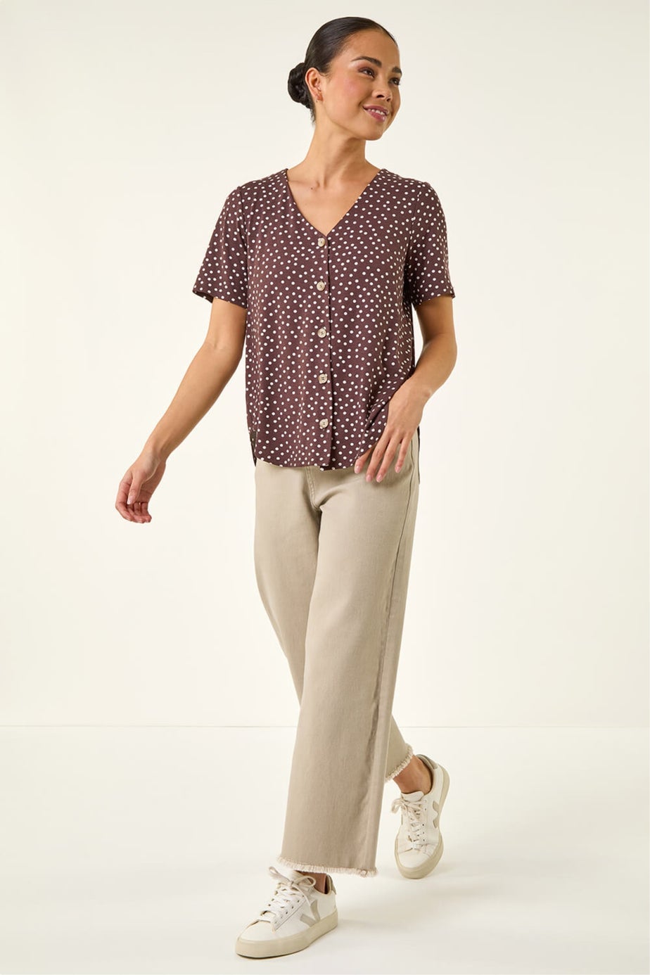 Roman Chocolate Petite Spot V-Neck Blouse