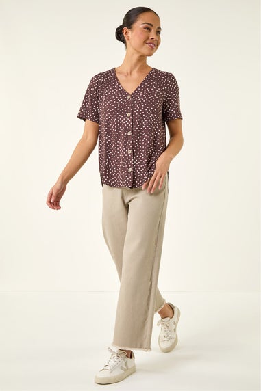 Roman Chocolate Petite Spot V-Neck Blouse