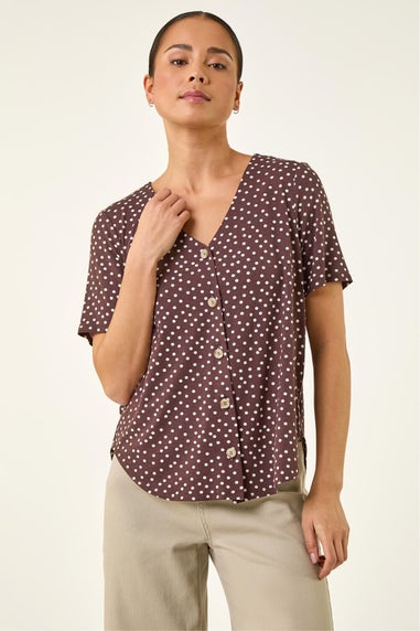 Roman Chocolate Petite Spot V-Neck Blouse