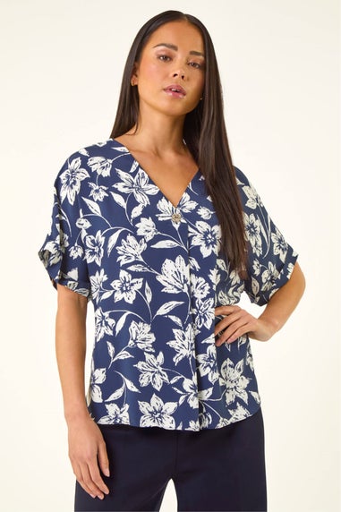 Roman Navy Petite Floral Print Button Top