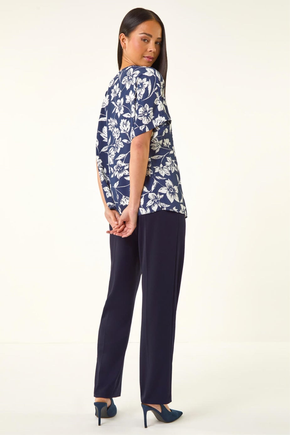 Roman Navy Petite Floral Print Button Top