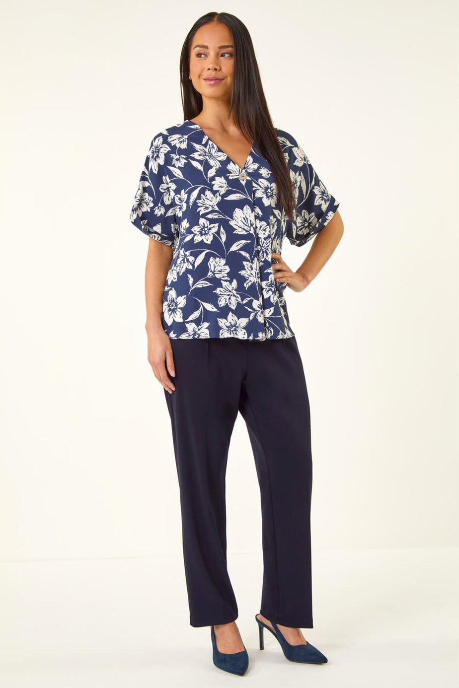 Roman Navy Petite Floral Print Button Top
