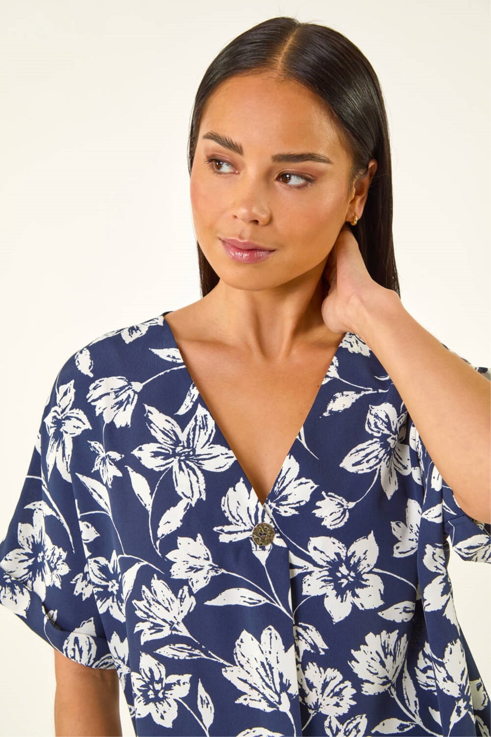 Roman Navy Petite Floral Print Button Top