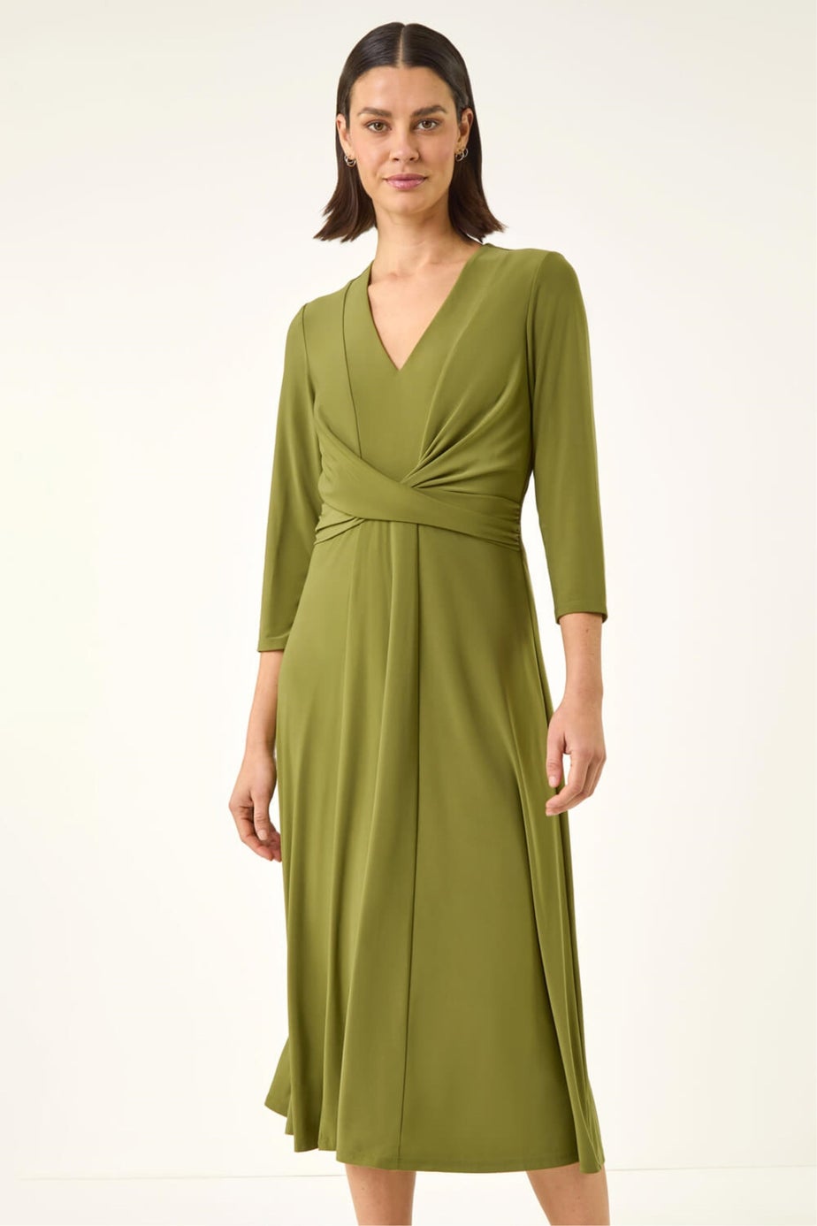Roman Khaki Stretch Crossover Midi Dress