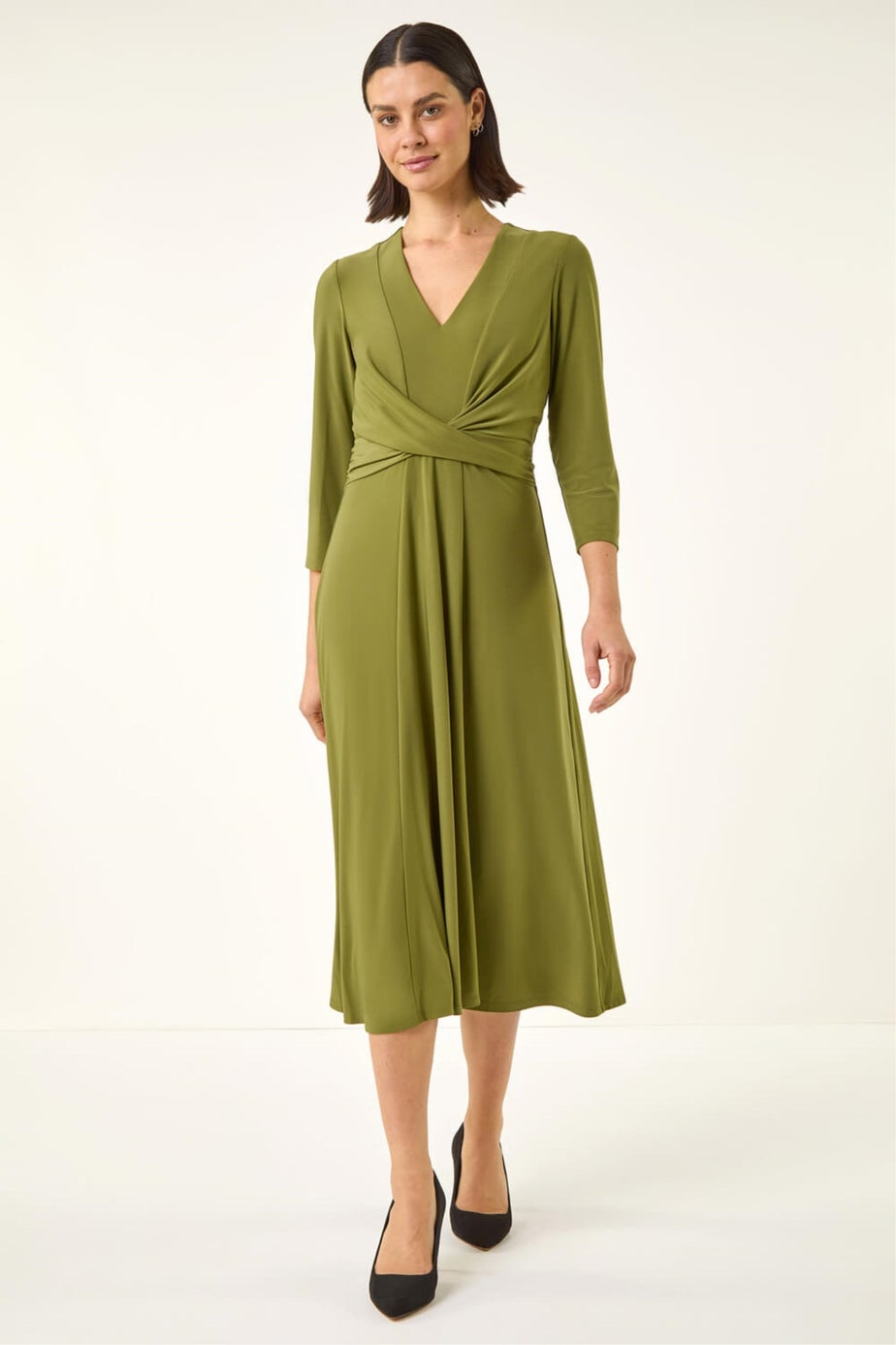 Roman Khaki Stretch Crossover Midi Dress