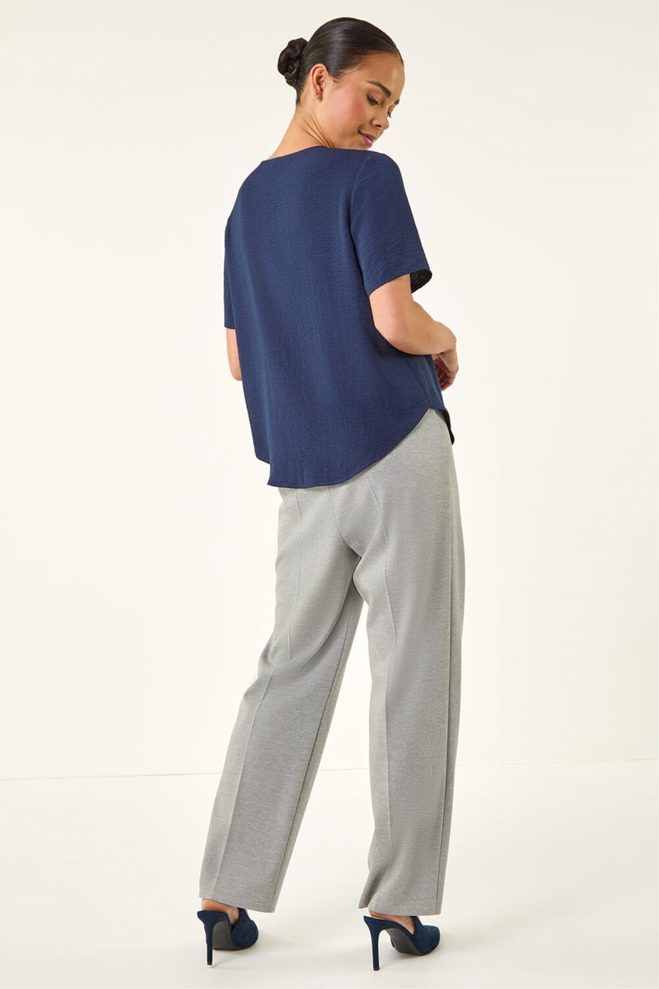 Roman Navy Petite V-Neck Button Through Blouse