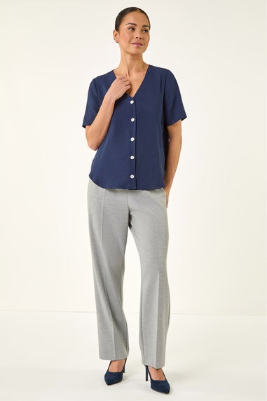 Roman Navy Petite V-Neck Button Through Blouse
