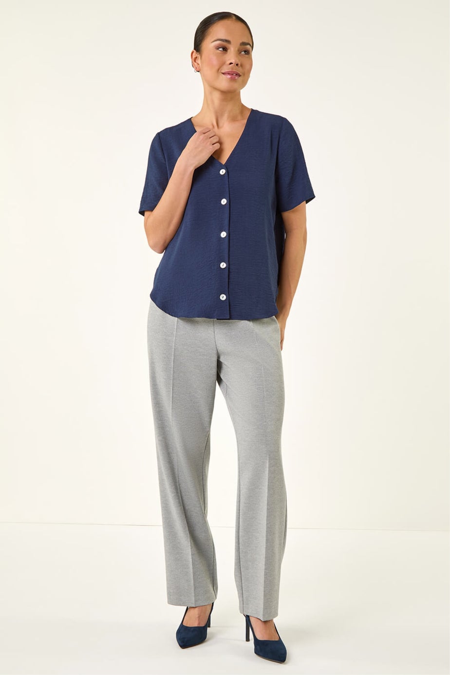 Roman Navy Petite V-Neck Button Through Blouse