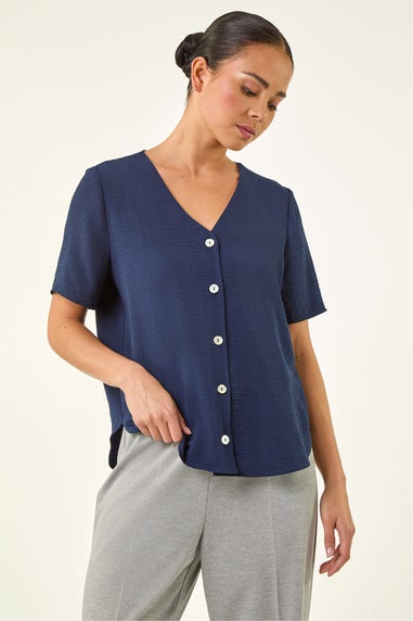 Roman Navy Petite V-Neck Button Through Blouse