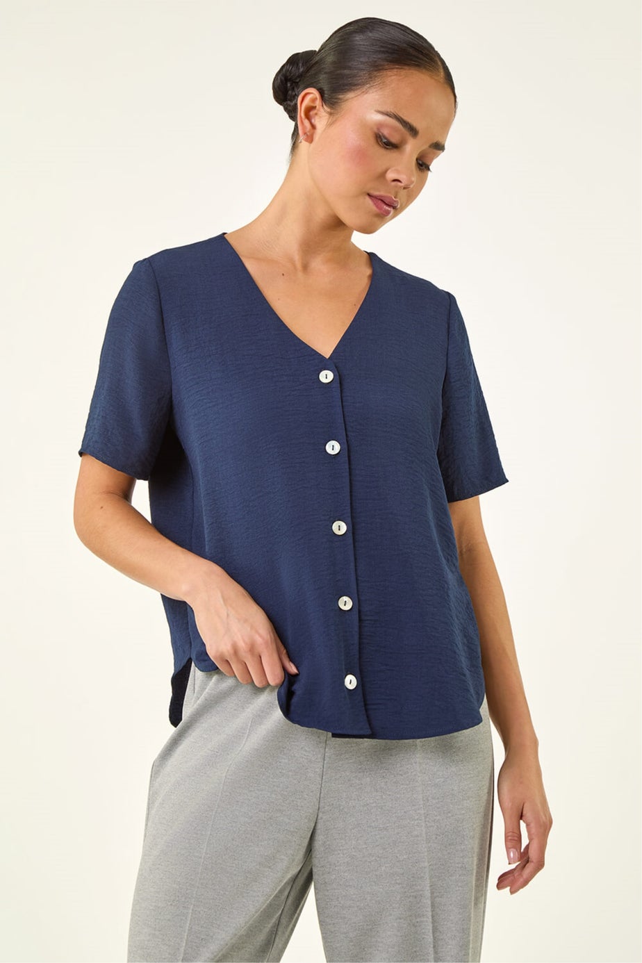 Roman Navy Petite V-Neck Button Through Blouse