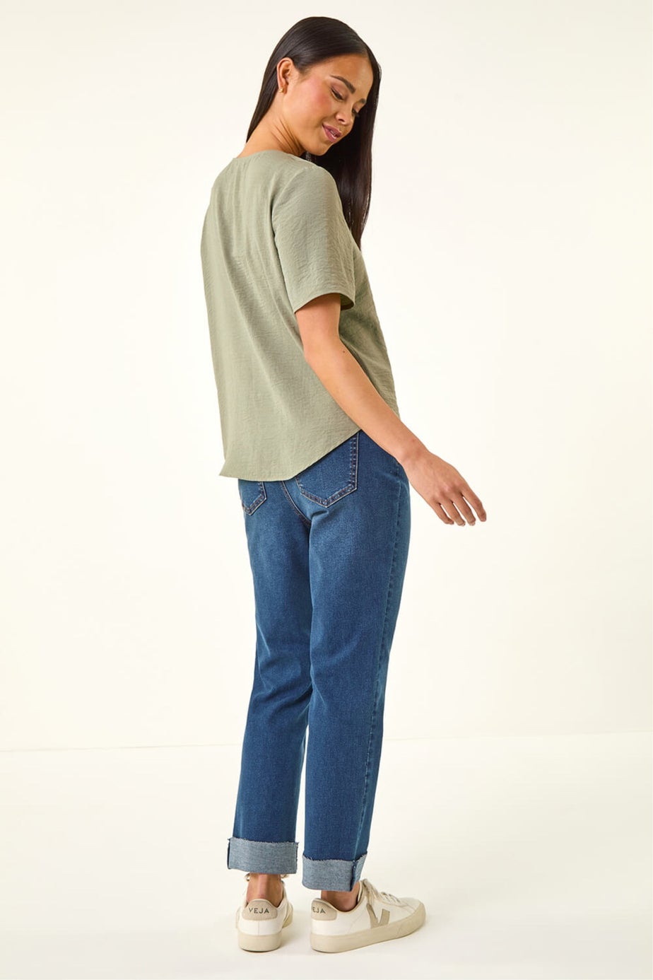 Roman Khaki Petite V-Neck Button Through Blouse