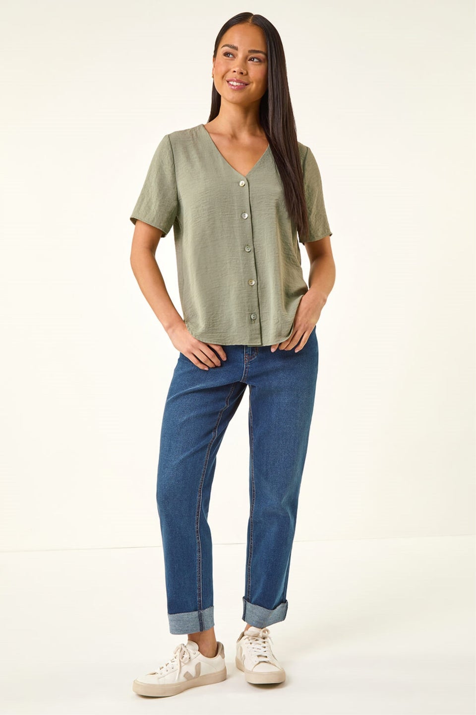 Roman Khaki Petite V-Neck Button Through Blouse