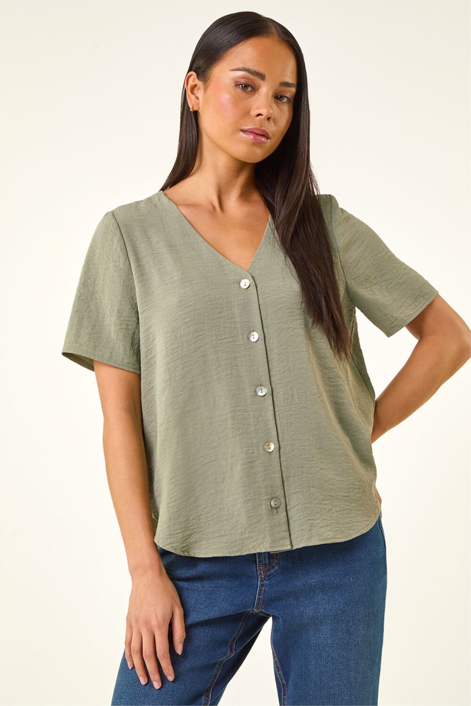 Roman Khaki Petite V-Neck Button Through Blouse
