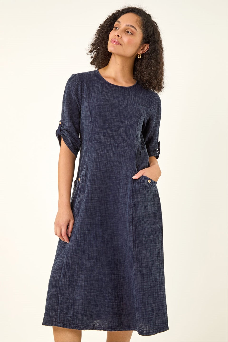 Roman Denim Textured A-Line Midi Dress