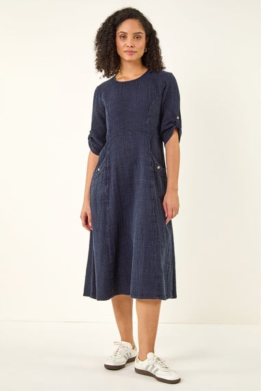 Roman Denim Textured A-Line Midi Dress