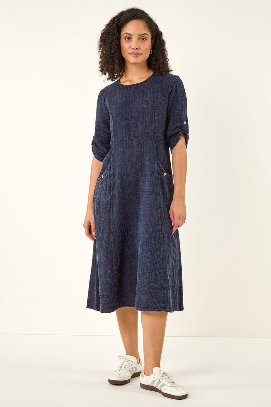 Roman Denim Textured A-Line Midi Dress
