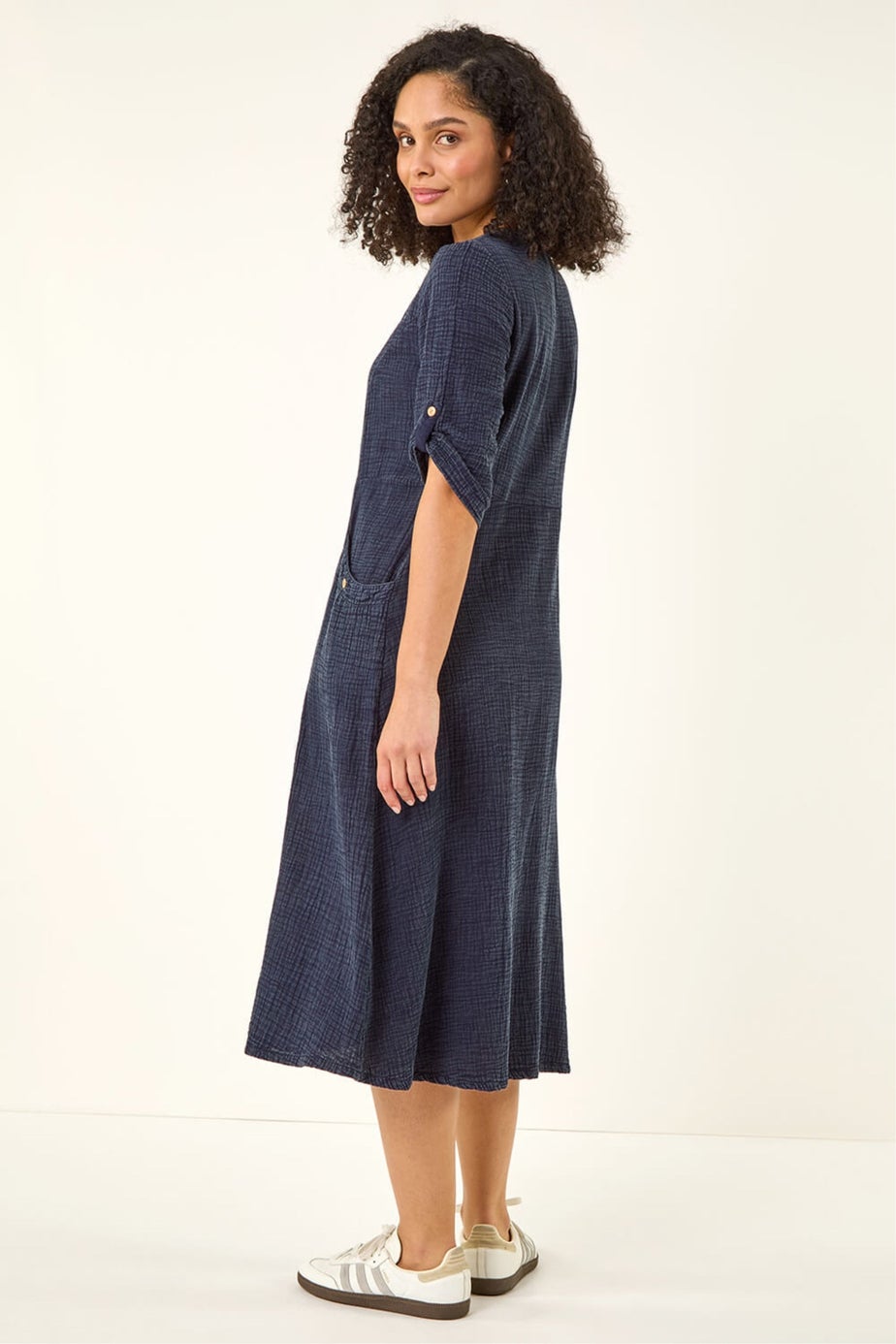 Roman Denim Textured A-Line Midi Dress