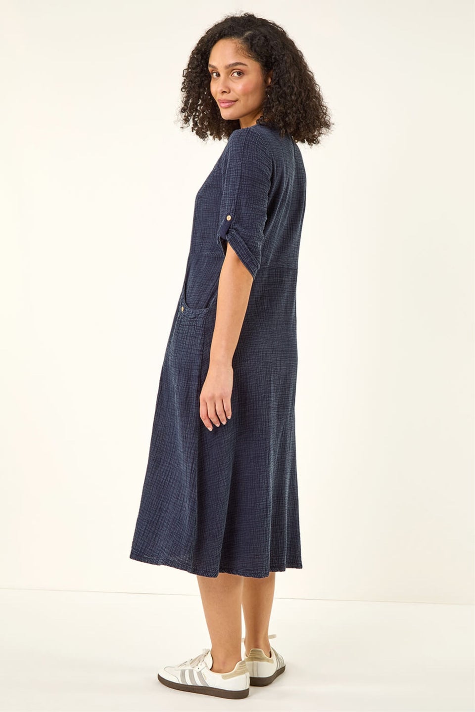Roman Denim Textured A-Line Midi Dress