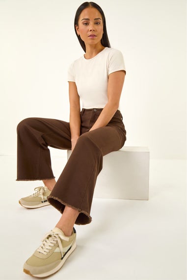 Roman Chocolate Petite Cotton Frayed Hem Trouser