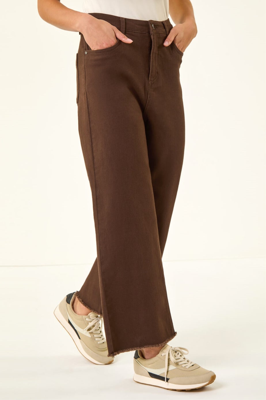 Roman Chocolate Petite Cotton Frayed Hem Trouser