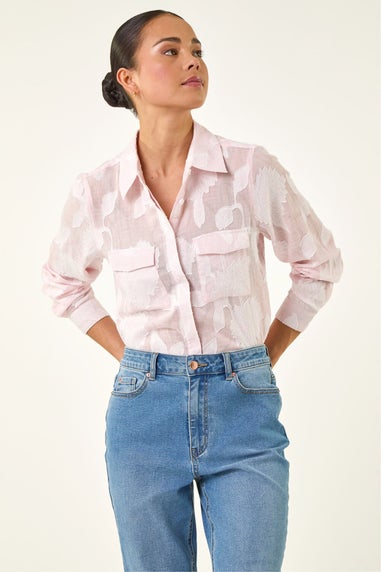 Roman Pink Petite Floral Jacquard Buttoned Blouse