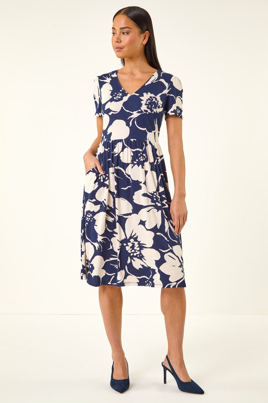 Roman Navy Petite Floral V-Neck Stretch Dress