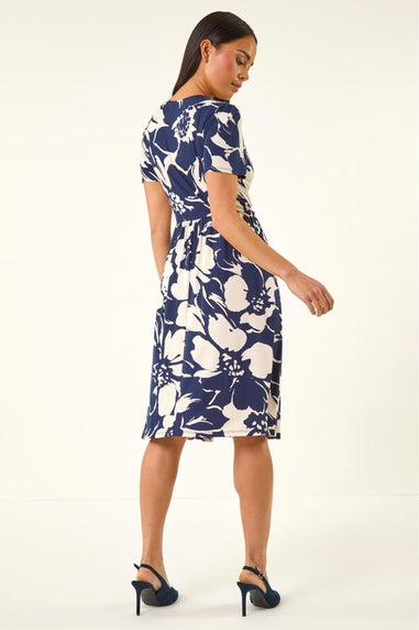 Roman Navy Petite Floral V-Neck Stretch Dress