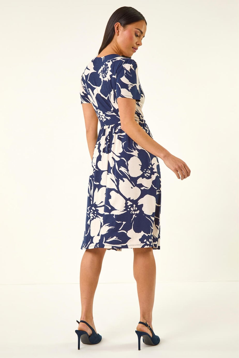 Roman Navy Petite Floral V-Neck Stretch Dress