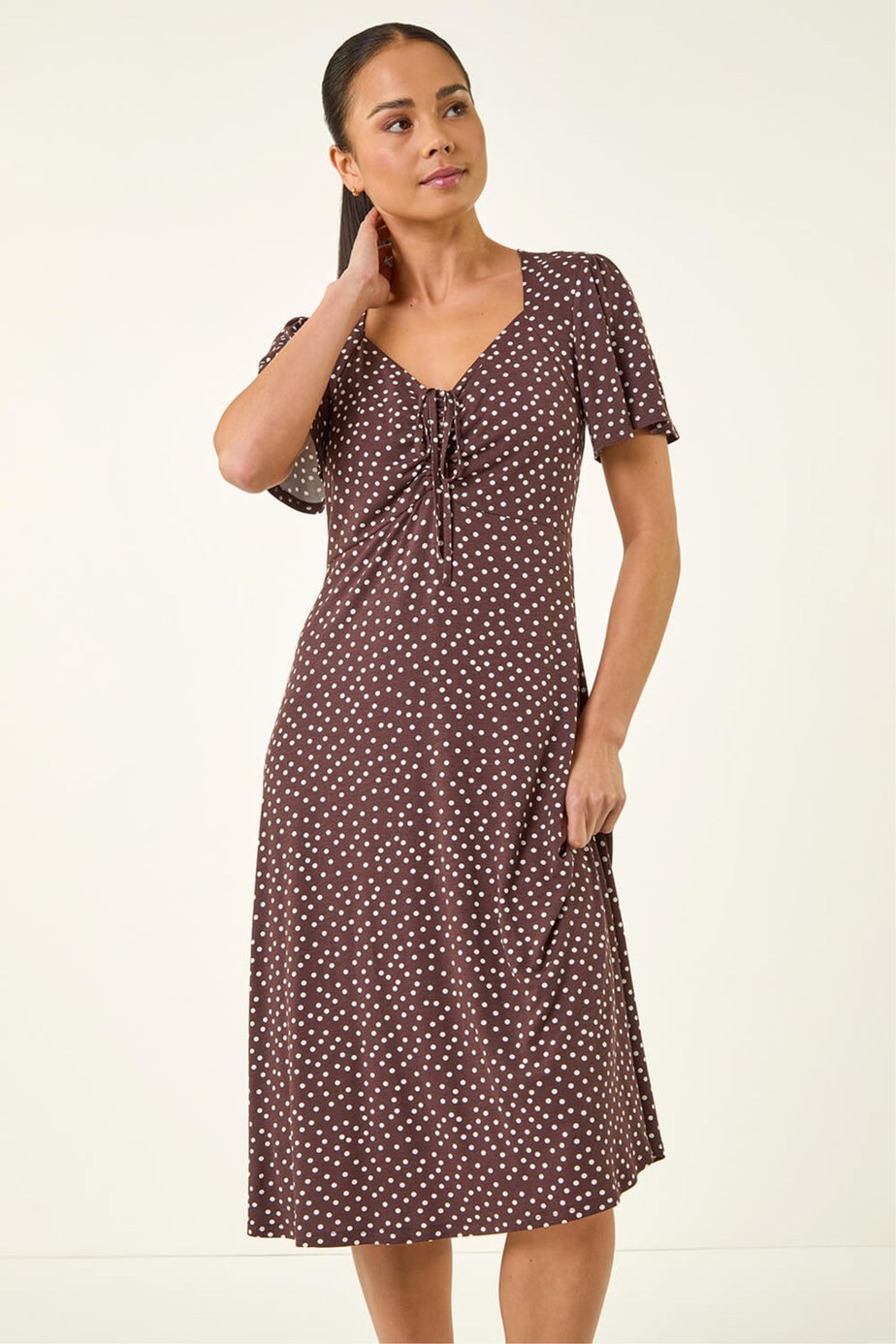 Roman Chocolate Petite Spot Drawstring Midi Dress
