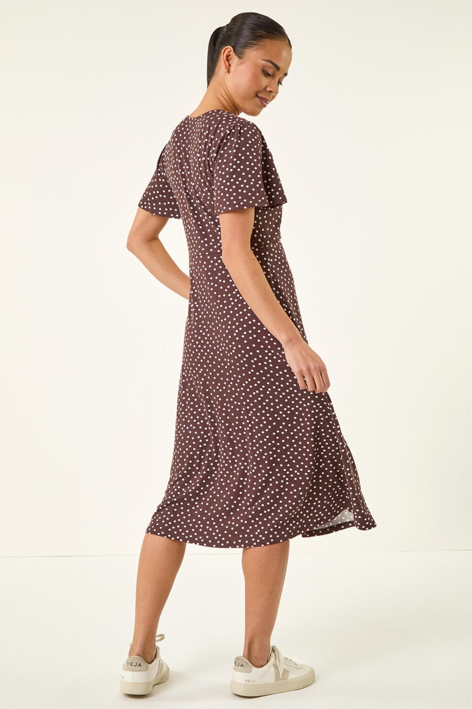 Roman Chocolate Petite Spot Drawstring Midi Dress