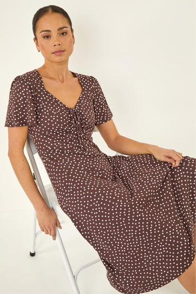 Roman Chocolate Petite Spot Drawstring Midi Dress